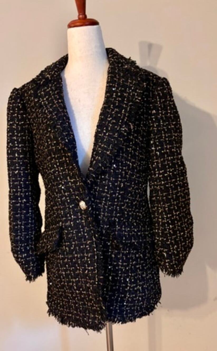 Cinq à Sept Black Gold Metallic Tweed Blazer Jacket Size 6